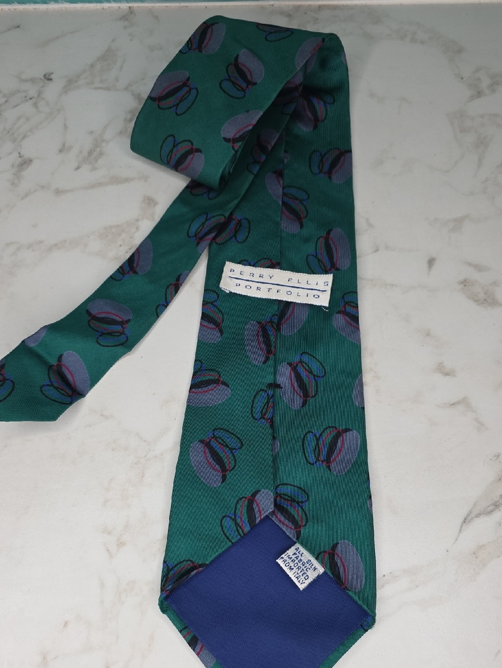 Vintage Perry Ellis Teal Tie with Multicolor Orb Motif